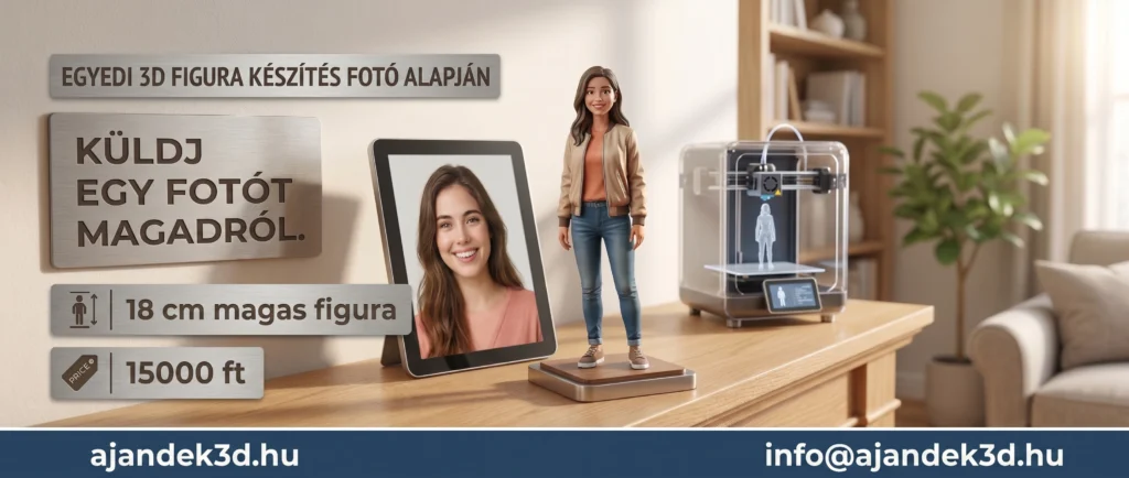 Ajándékötlet: egyedi, 18 cm-es 3D figura készítése fénykép alapján. A képen egy mosolygó nő fényképe látható egy tableten, mellette az elkészült 3D-s mása és egy 3D nyomtató az ajandek3d.hu weboldaltól.