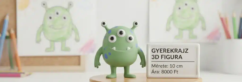 Zöld, háromszemű 3D figura a hozzá tartozó gyermekrajz mellett, egy kis táblán feltüntetett 10 cm-es mérettel és 8000 Ft-os árral.