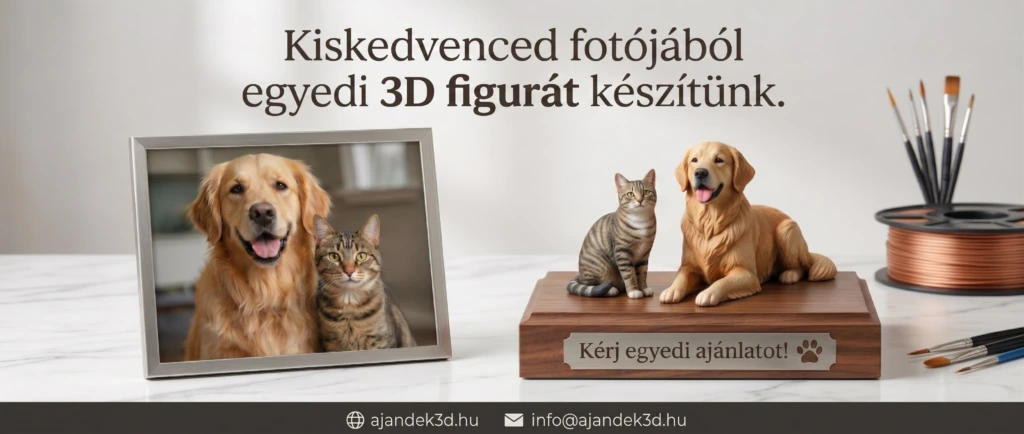 Egyedi 3D figura készítése házi kedvencekről fotó alapján: a képen egy kutyát és macskát ábrázoló fénykép, valamint az azokról készült élethű 3D-s szobrok láthatók az ajandek3d.hu szolgáltatásában, „Kérj egyedi ajánlatot!” felirattal.