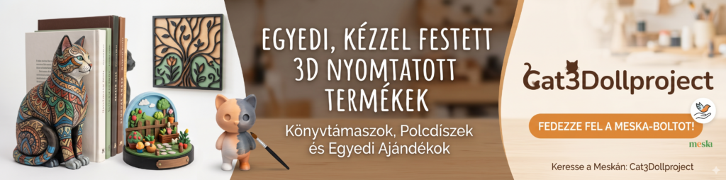 Egyedi, kézzel festett 3D nyomtatott termékek bemutatása, köztük könyvtámaszok, polcdíszek és ajándékok.